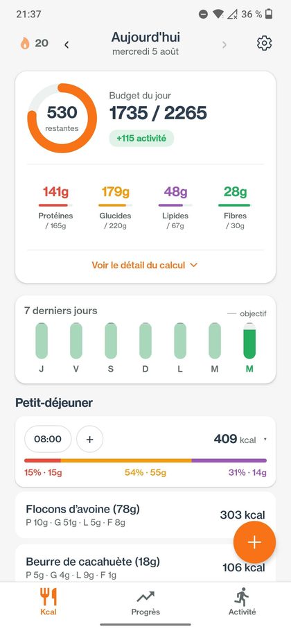 Écran de suivi des calories du jour